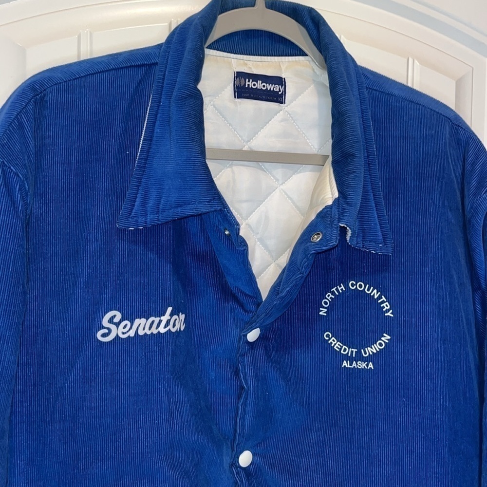 Rare Vintage blue corduroy trucker jacket coat embroidered Senator Alaska L/XL - Picture 5 of 16